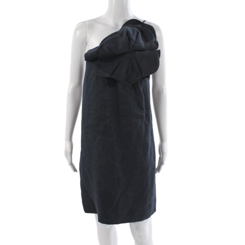 Chloe Women Shift Dress Black One Shoulder Linen Sleeveless Micro Mini Size 40